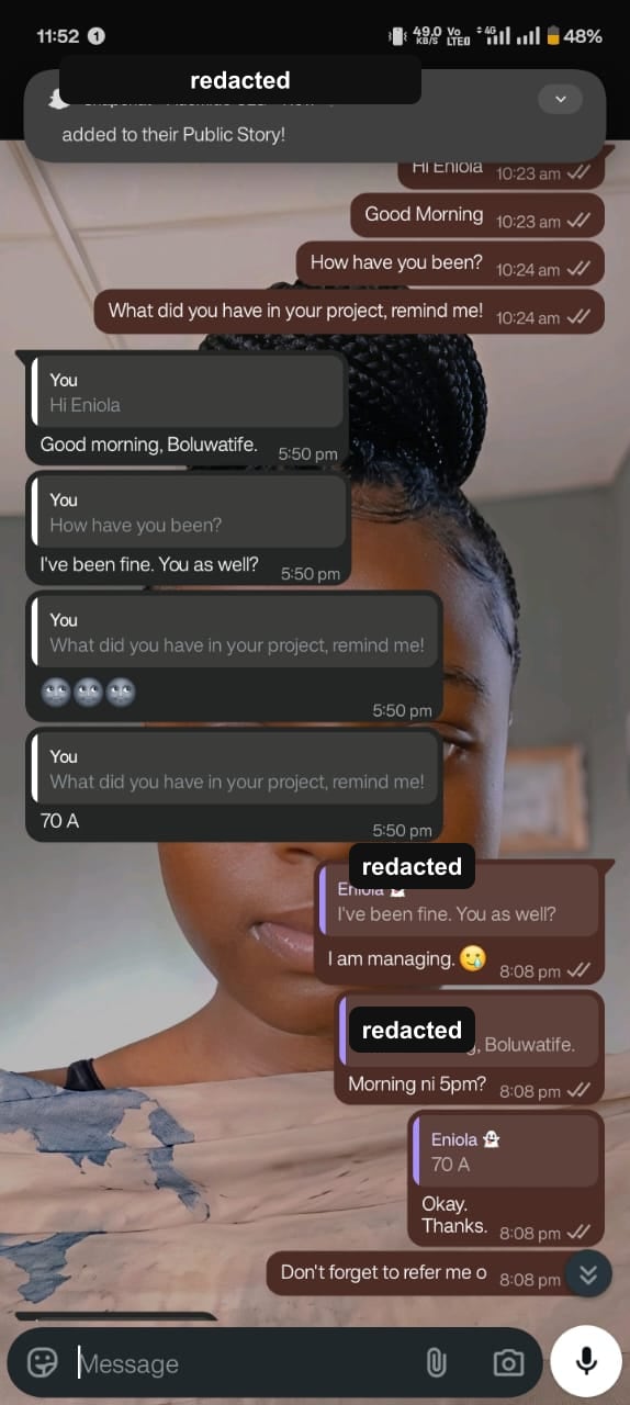 Redacted WhatsApp student feedback screenshot