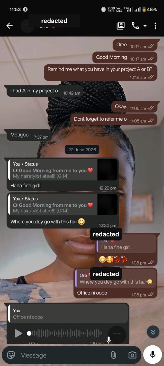 Redacted WhatsApp student chat screenshot