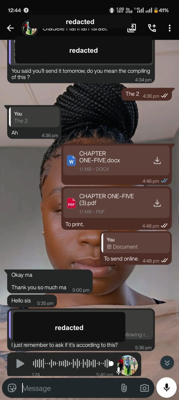 Redacted WhatsApp project delivery screenshot