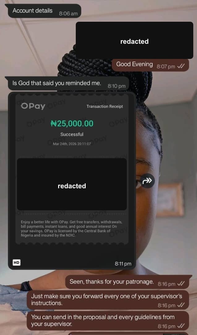 Redacted WhatsApp payment confirmation screenshot